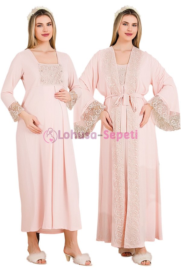 Pembe Renkli Dantel Detaylı  33501 2'li Sabahlıklı Lohusa/Hamile Gecelik Takımı - Kolay Emzirme | Lohusa-Sepeti.com