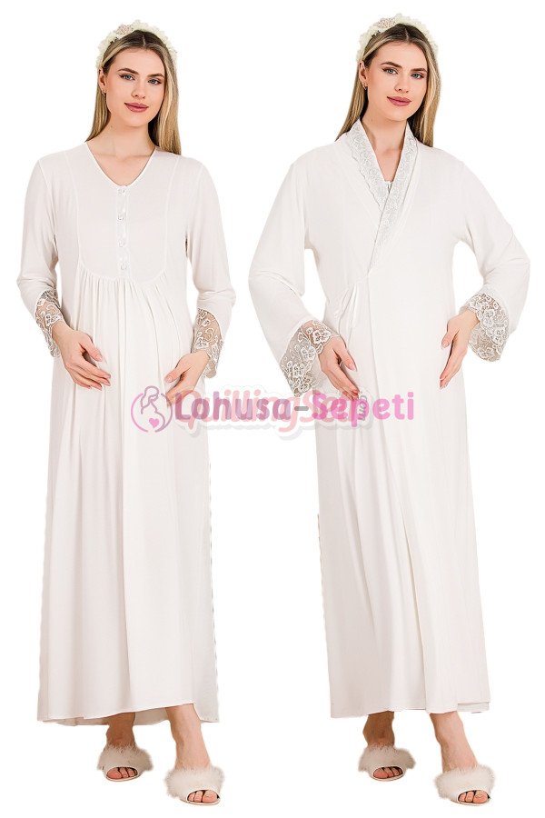 Ekru Renkli Dantel Detaylı  33503 2'li Sabahlıklı Lohusa/Hamile Gecelik Takımı - Kolay Emzirme | Lohusa-Sepeti.com