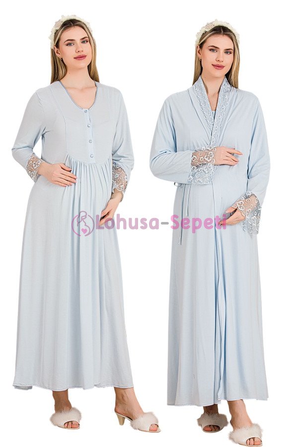 Mavi Renkli Dantel Detaylı  33503 2'li Sabahlıklı Lohusa/Hamile Gecelik Takımı - Kolay Emzirme | Lohusa-Sepeti.com