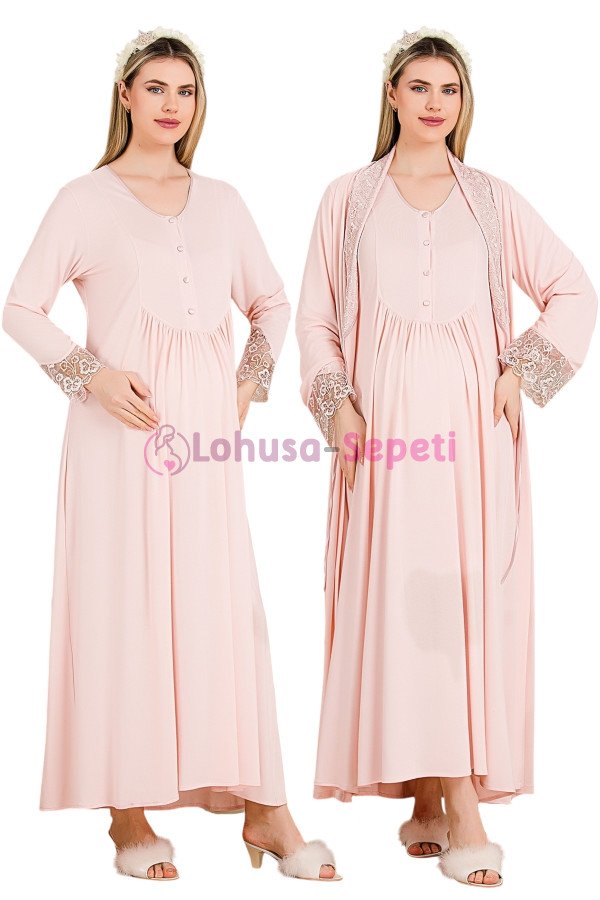 Pembe Renkli Dantel Detaylı  33503 2'li Sabahlıklı Lohusa/Hamile Gecelik Takımı - Kolay Emzirme | Lohusa-Sepeti.com