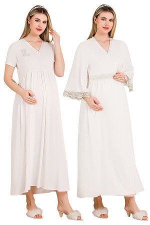 Ekru Renkli, Dantel Detaylı, Kısa Kol ve Derin Patlı, 33504 Sabahlıklı 2li Lohusa Hamile Gecelik Takımı Ekru Renkli, Dantel Detaylı, Kısa Kol ve Derin Patlı, 33504 Sabahlıklı 2li Lohusa Hamile Gecelik Takımı