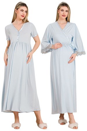 Mavi Renkli, Dantel Detaylı, Kısa Kol ve Derin Patlı, 33504 Sabahlıklı 2li Lohusa Hamile Gecelik Takımı Mavi Renkli, Dantel Detaylı, Kısa Kol ve Derin Patlı, 33504 Sabahlıklı 2li Lohusa Hamile Gecelik Takımı
