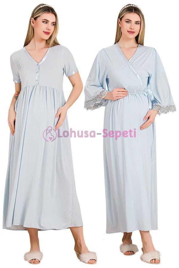 Zarafet ve Konforun Buluşması: 2 Parça Dantel Detaylı 33504 Sabahlıklı Lohusa Gecelik Takımı  - Kolay Emzirme | Lohusa-Sepeti.com