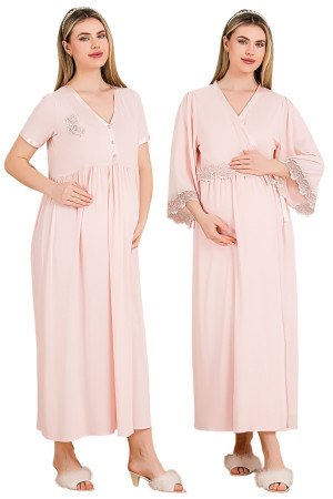 Pembe Renkli, Dantel Detaylı, Kısa Kol ve Derin Patlı, 33504 Sabahlıklı 2li Lohusa Hamile Gecelik Takımı Pembe Renkli, Dantel Detaylı, Kısa Kol ve Derin Patlı, 33504 Sabahlıklı 2li Lohusa Hamile Gecelik Takımı