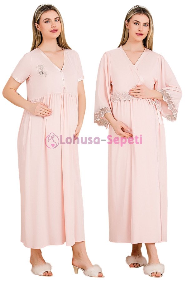 Pembe Renkli Dantel Detaylı  33504 2'li Sabahlıklı Lohusa/Hamile Gecelik Takımı - Kolay Emzirme | Lohusa-Sepeti.com
