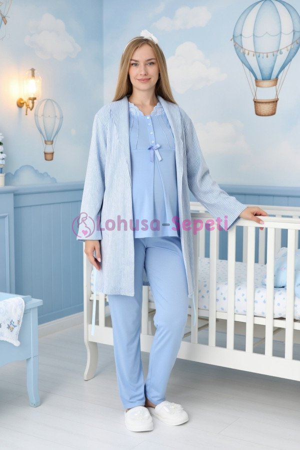 Erdeniz 3442 Jakarlı Sabahlıklı 3lü Lohusa Hamile Pijama Takımı | Lohusa-Sepeti.com