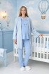Mavi Renkli Dantel Detaylı, Erdeniz 3442 Desenli Jakarlı Sabahlıklı 3lü Lohusa Hamile Pijama Takımı