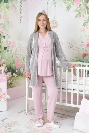 Pudra Renkli Dantel Detaylı, Erdeniz 3442 Desenli Jakarlı Sabahlıklı 3lü Lohusa Hamile Pijama Takımı Pudra Renkli Dantel Detaylı, Erdeniz 3442 Desenli Jakarlı Sabahlıklı 3lü Lohusa Hamile Pijama Takımı