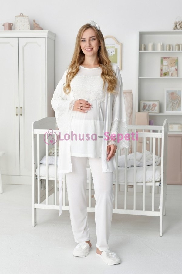 Erdeniz 3444 Ekru Renkli Dantelli 3lü Lohusa Pijama Takımı - Lohusa-Sepeti.com