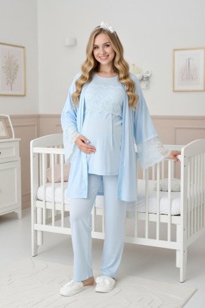 Mavi Renkli Dantel Detaylı Erdeniz 3444 Sabahlıklı 3'lü Lohusa Pijama Takımı Mavi Renkli Dantel Detaylı Erdeniz 3444 Sabahlıklı 3'lü Lohusa Pijama Takımı