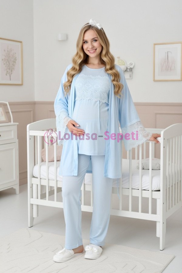 Erdeniz 3444 Mavi Renkli Dantelli 3lü Lohusa Pijama Takımı - Lohusa-Sepeti.com