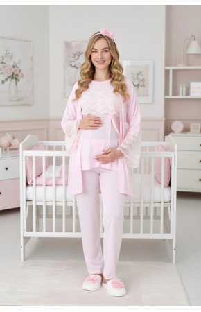 Pembe Renkli Dantel Detaylı Erdeniz 3444 Sabahlıklı 3'lü Lohusa Pijama Takımı Pembe Renkli Dantel Detaylı Erdeniz 3444 Sabahlıklı 3'lü Lohusa Pijama Takımı