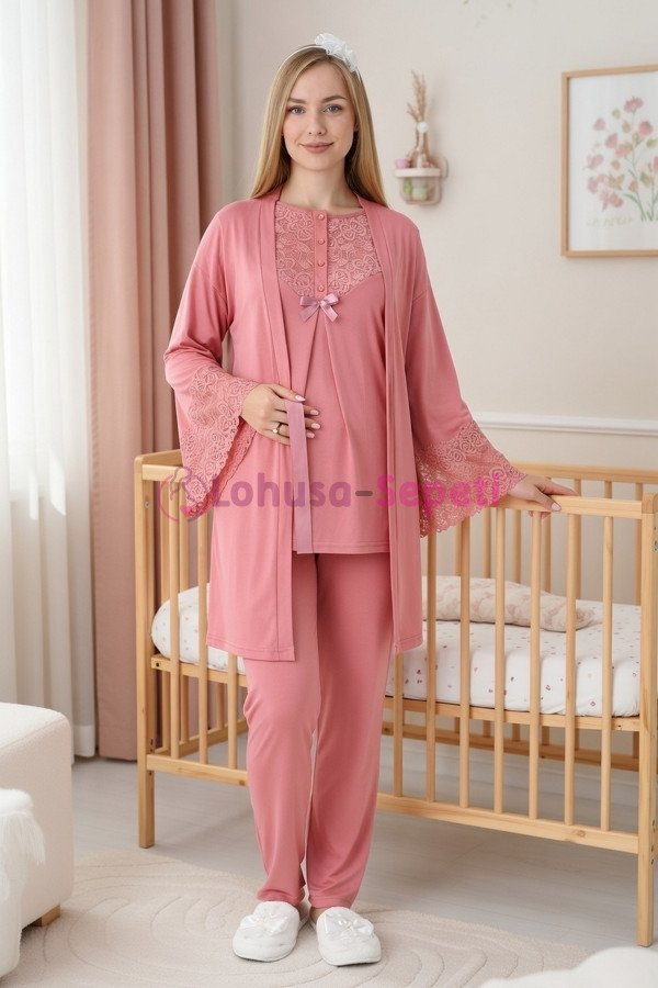 Erdeniz 3449  Sabahlıklı 3lü Lohusa Hamile Pijama Takımı | Lohusa-Sepeti.com