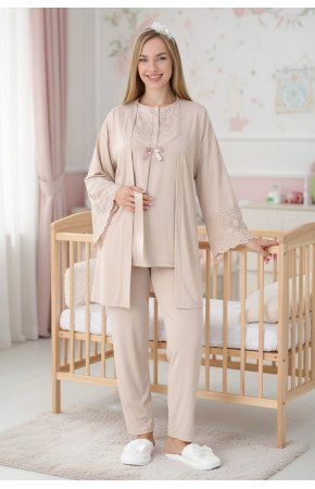 Vizon Renkli Dantel Detaylı, Erdeniz 3449 Desenli  Sabahlıklı 3lü Lohusa Hamile Pijama Takımı