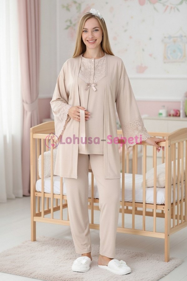 Erdeniz 3449  Sabahlıklı 3lü Lohusa Hamile Pijama Takımı | Lohusa-Sepeti.com