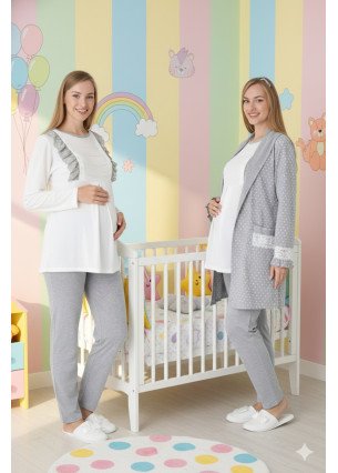 Gri Renkli Derin Patlı, Dantel Detaylı, Erdeniz 3451 Puantiye Desenli Sabahlıklı 3lü Lohusa Hamile Pijama Takımı