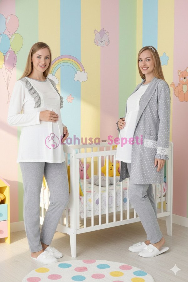 Gri Renkli Derin Patlı, Uzun Kollu Erdeniz 3451 Sabahlıklı 3lü Lohusa Hamile Pijama Takımı | Lohusa-Sepeti.com