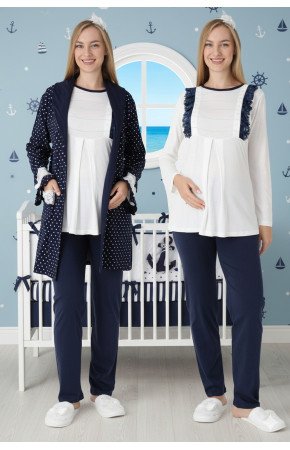 Lacivert Renkli Derin Patlı, Dantel Detaylı, Erdeniz 3451 Puantiye Desenli Sabahlıklı 3lü Lohusa Hamile Pijama Takımı