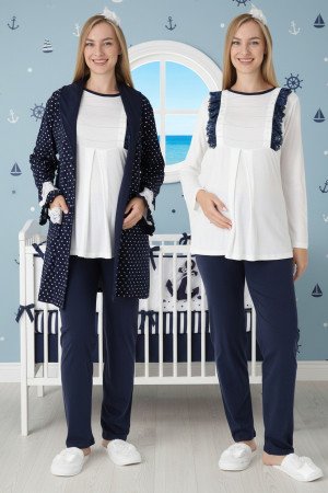 Lacivert Renkli Derin Patlı, Dantel Detaylı, Erdeniz 3451 Puantiye Desenli Sabahlıklı 3lü Lohusa Hamile Pijama Takımı Lacivert Renkli Derin Patlı, Dantel Detaylı, Erdeniz 3451 Puantiye Desenli Sabahlıklı 3lü Lohusa Hamile Pijama Takımı