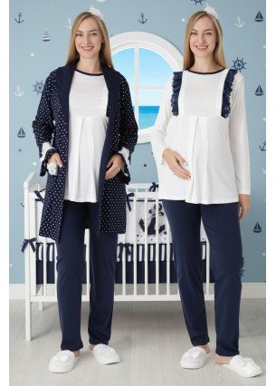 Lacivert Renkli Derin Patlı, Dantel Detaylı, Erdeniz 3451 Puantiye Desenli Sabahlıklı 3lü Lohusa Hamile Pijama Takımı