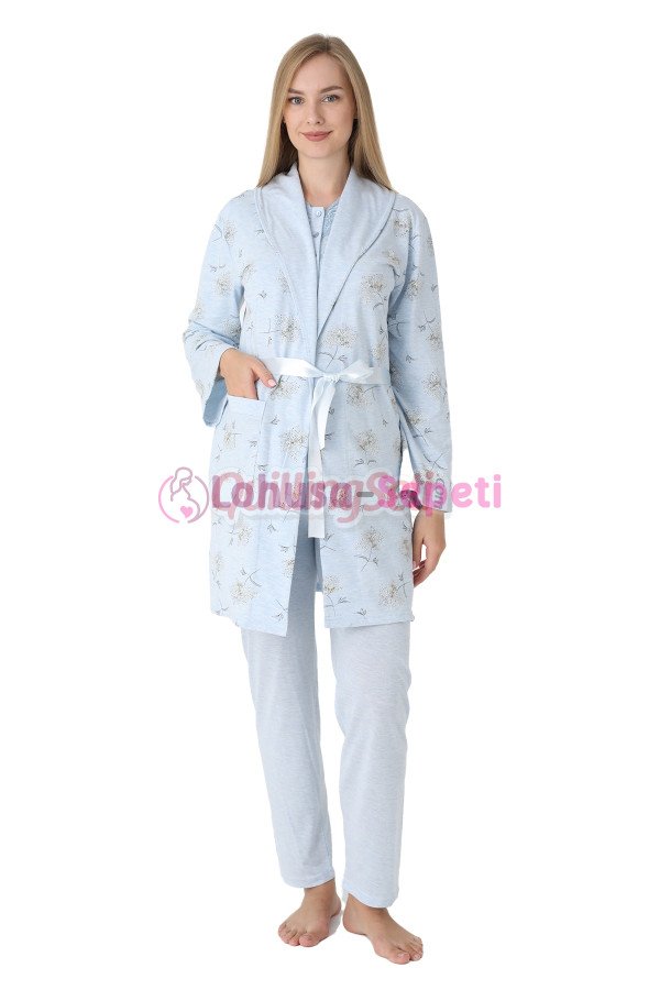 Mavi Renkli Derin Patlı, Erdeniz 3452 Sabahlıklı 3lü Lohusa Hamile Pijama Takımı | Lohusa-Sepeti.com