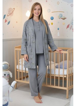 Antrasit Renkli Derin Patlı, Dantel Detaylı, Erdeniz 3452 Çiçek Desenli Sabahlıklı 3lü Lohusa Hamile Pijama Takımı