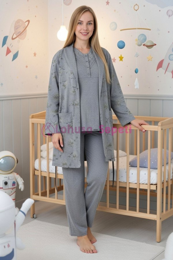 Antrasit Renkli Derin Patlı, Erdeniz 3452 Sabahlıklı 3lü Lohusa Hamile Pijama Takımı | Lohusa-Sepeti.com