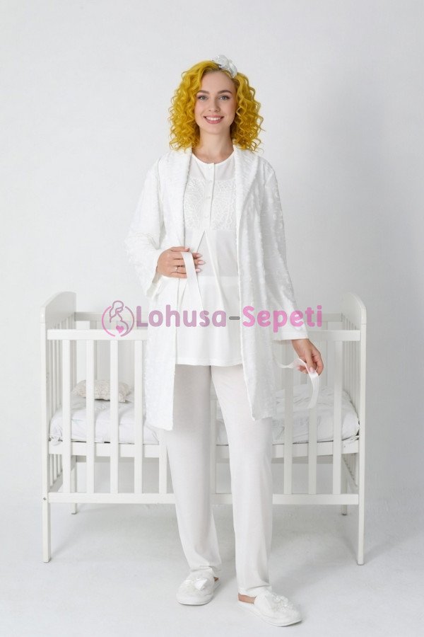 Ekru dantelli viskon lohusa pijama ve kapitone sabahlık takımı