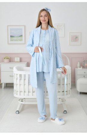 Mavi Renkli Dantel Detaylı, Erdeniz 3454 Kapitone Sabahlıklı 3lü Lohusa Hamile Pijama Takımı