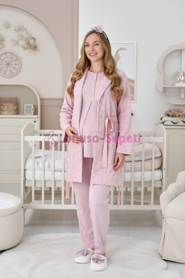 Erdeniz 3449  Pudra renkli kapitone sabahlık ve dantelli viskon lohusa pijama takımı