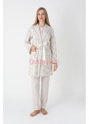 Bej Renkli Derin Patlı, Dantel Detaylı, Erdeniz 3452 Çiçek Desenli Sabahlıklı 3lü Lohusa Hamile Pijama Takımı