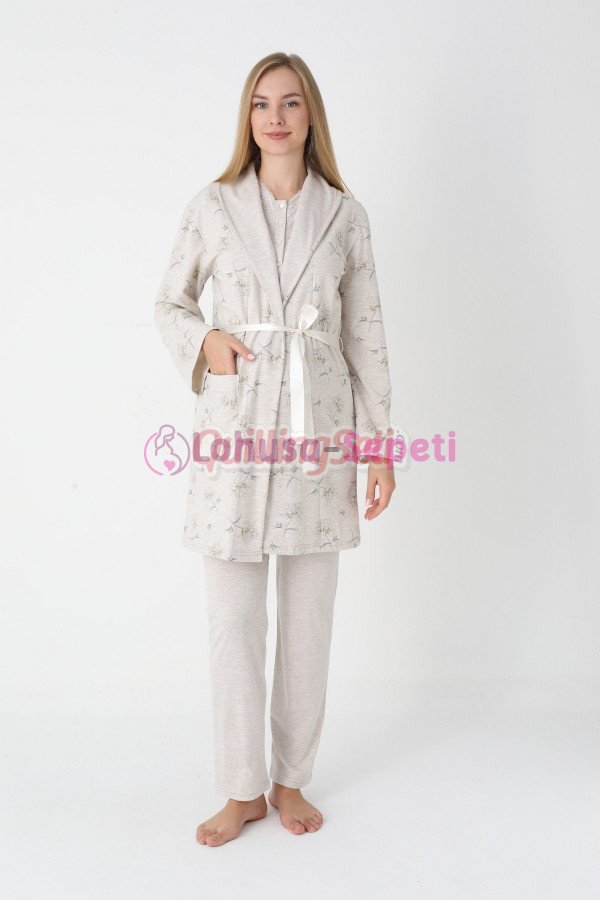 Bej Renkli Derin Patlı, Erdeniz 3452 Sabahlıklı 3lü Lohusa Hamile Pijama Takımı | Lohusa-Sepeti.com