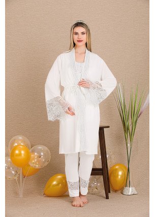Ekru Renkli Derin Patlı, 33002 Sabahlıklı 3lü Lohusa Hamile Pijama Takımı