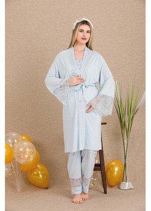 Mavi Renkli Derin Patlı, 33002 Sabahlıklı 3lü Lohusa Hamile Pijama Takımı
