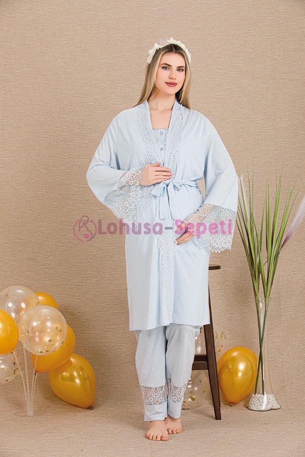 Mavi Renkli Derin Patlı, 33002 Sabahlıklı 3lü Lohusa Hamile Pijama Takımı | Lohusa-Sepeti.com