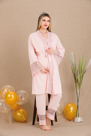 Pembe Renkli Derin Patlı, 33002 Sabahlıklı 3lü Lohusa Hamile Pijama Takımı