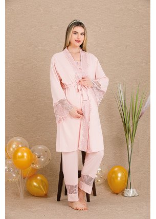 Pembe Renkli Derin Patlı, 33002 Sabahlıklı 3lü Lohusa Hamile Pijama Takımı