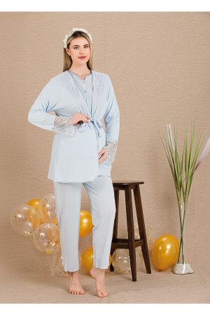 Mavi Renkli Derin Patlı,  33003 Sabahlıklı 3lü Lohusa Hamile Pijama Takımı