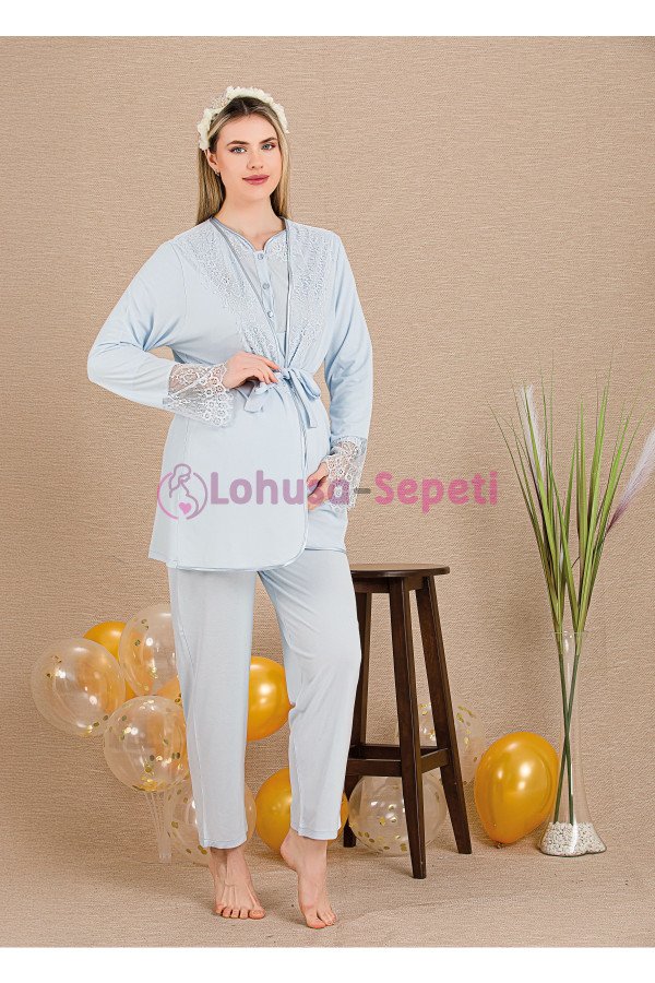 Mavi Renkli Derin Patlı,  33003 Sabahlıklı 3lü Lohusa Hamile Pijama Takımı | Lohusa-Sepeti.com