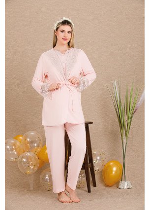 Pembe Renkli Derin Patlı,  33003 Sabahlıklı 3lü Lohusa Hamile Pijama Takımı