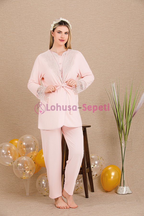 Pembe Renkli Derin Patlı,  33003 Sabahlıklı 3lü Lohusa Hamile Pijama Takımı | Lohusa-Sepeti.com