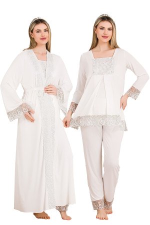 Ekru Renkli Derin Patlı, Dantel Detaylı,  33004 Sabahlıklı 3lü Lohusa Hamile Pijama Takımı