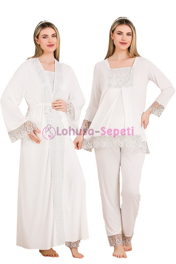 Ekru Renkli Derin Patlı,  33004 Sabahlıklı 3lü Lohusa Hamile Pijama Takımı | Lohusa-Sepeti.com