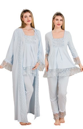 Bebe Mavi Renkli Derin Patlı, Dantel Detaylı, 33004 Sabahlıklı 3lü Lohusa Hamile Pijama Takımı Bebe Mavi Renkli Derin Patlı, Dantel Detaylı, 33004 Sabahlıklı 3lü Lohusa Hamile Pijama Takımı