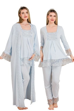 Bebe Mavi Renkli Derin Patlı, Dantel Detaylı,  33004 Sabahlıklı 3lü Lohusa Hamile Pijama Takımı