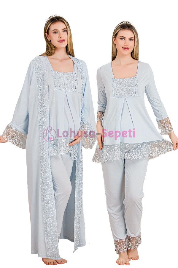 Mavi Renkli Derin Patlı,  33004 Sabahlıklı 3lü Lohusa Hamile Pijama Takımı | Lohusa-Sepeti.com