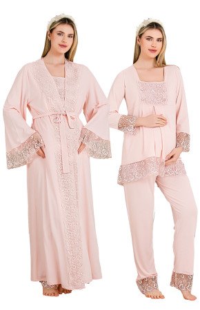 Bebe Pembe Renkli Derin Patlı, Dantel Detaylı, 33004 Sabahlıklı 3lü Lohusa Hamile Pijama Takımı Bebe Pembe Renkli Derin Patlı, Dantel Detaylı, 33004 Sabahlıklı 3lü Lohusa Hamile Pijama Takımı