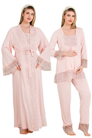 Bebe Pembe Renkli Derin Patlı, Dantel Detaylı,  33004 Sabahlıklı 3lü Lohusa Hamile Pijama Takımı