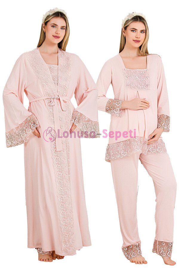 Pembe Renkli Derin Patlı,  33004 Sabahlıklı 3lü Lohusa Hamile Pijama Takımı | Lohusa-Sepeti.com