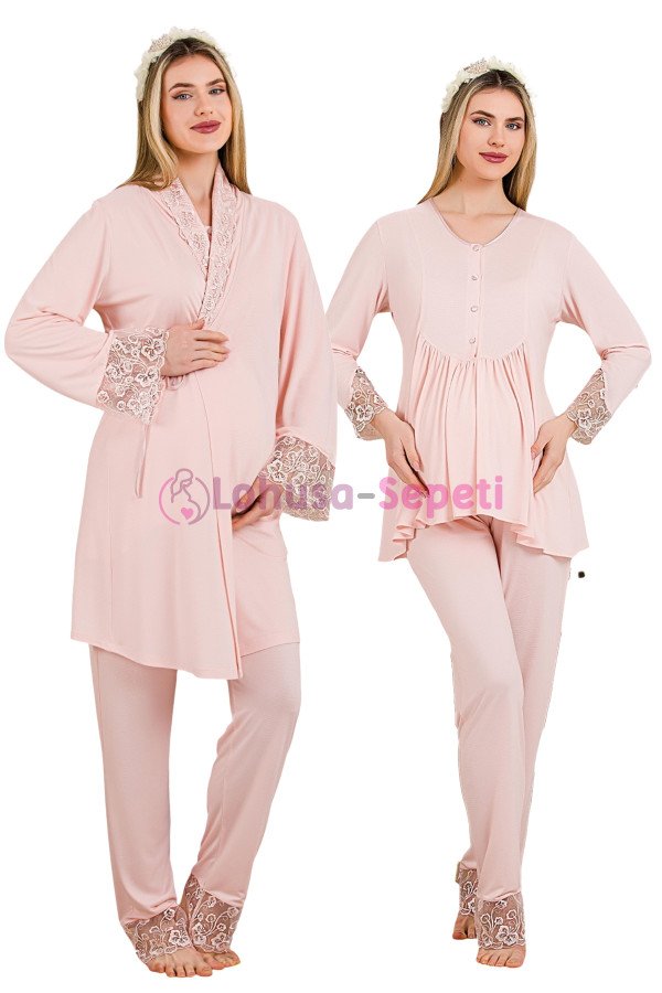 Pembe Renkli Derin Patlı,  33005 Sabahlıklı 3lü Lohusa Hamile Pijama Takımı | Lohusa-Sepeti.com